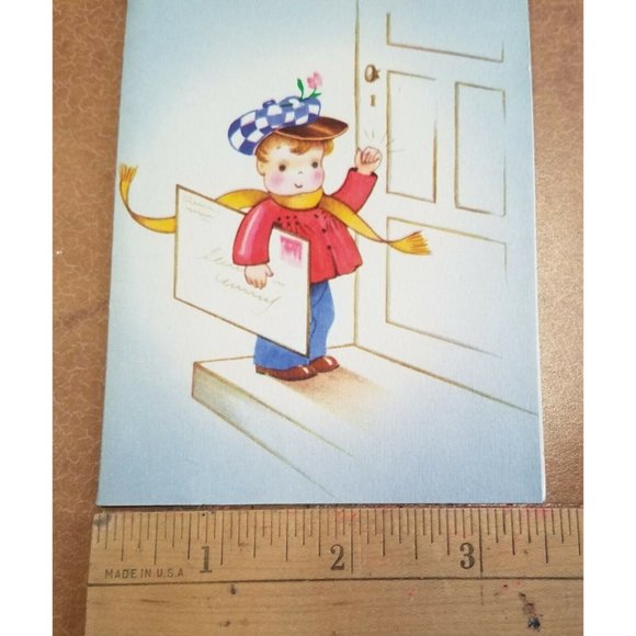 Vintage Greeting Card Thinking of You Delivery Boy Checkered Cap Letter Unused - Picture 6 of 7